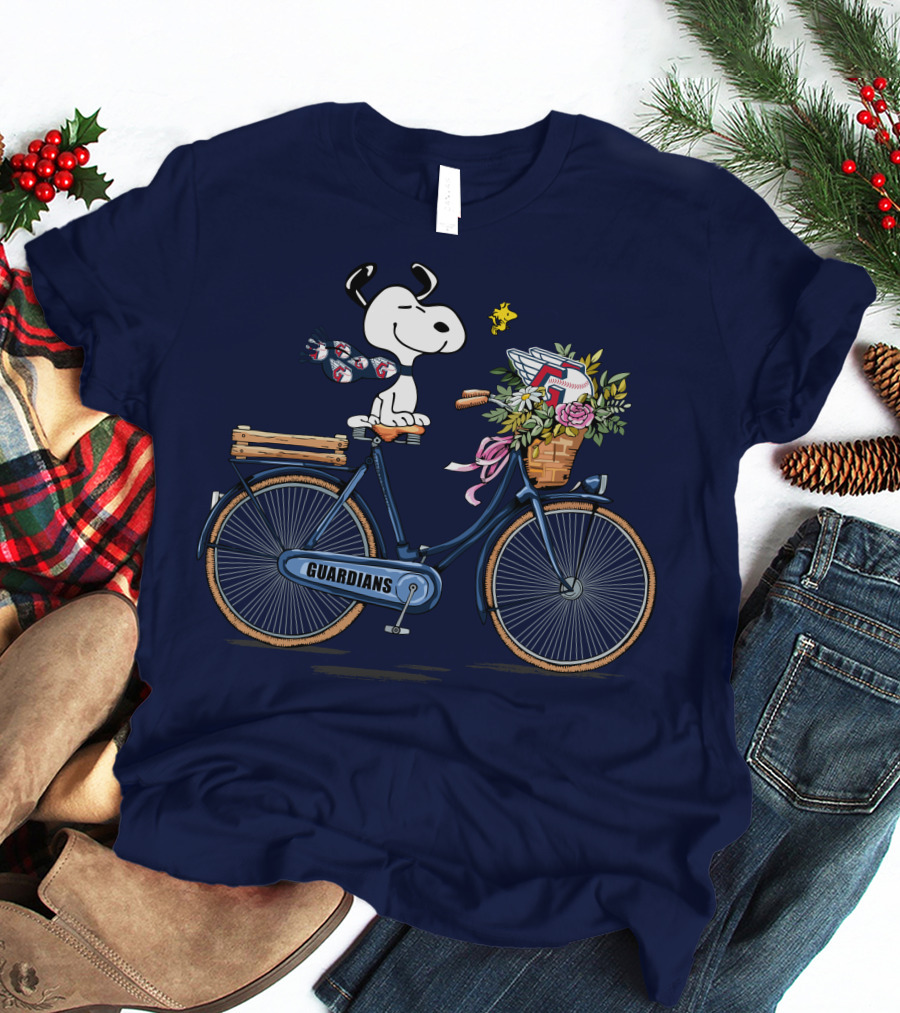 Cleveland Guardians Snoopy Riding Bicycle With Flowers And Baseball Bow Tie T-Shirt