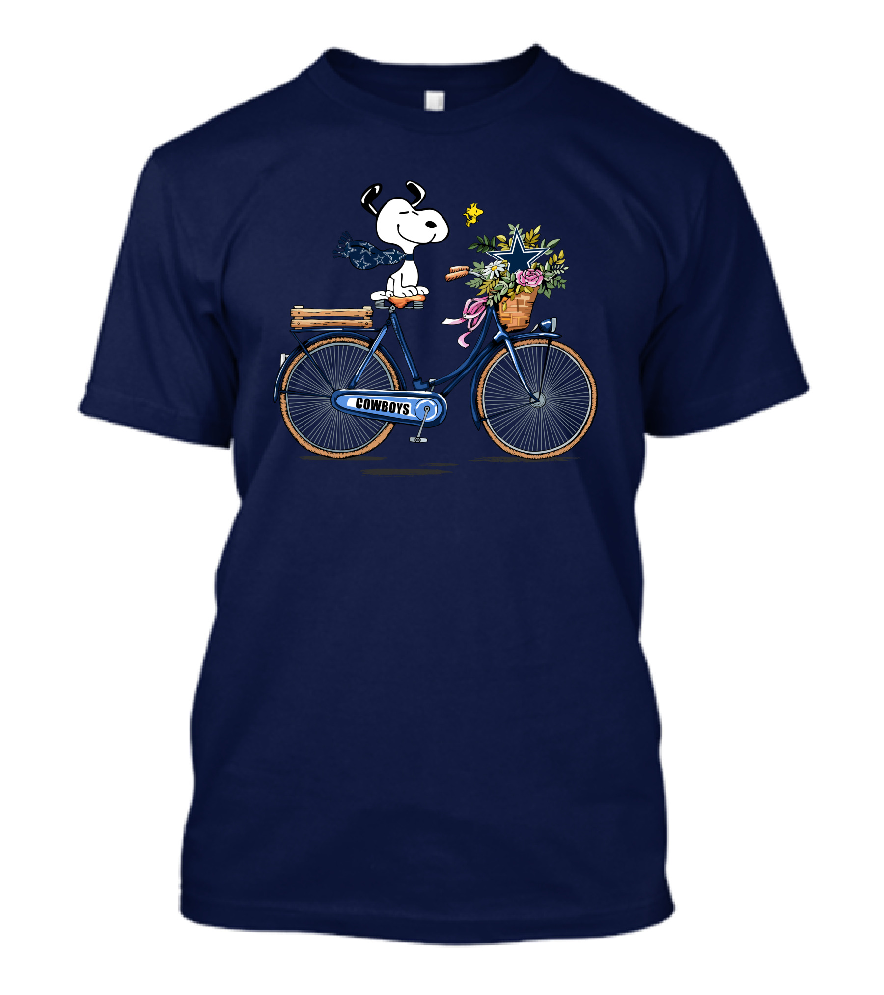 Dallas Cowboys Snoopy On Bicycle With Flowers And Star Basket T-Shirt