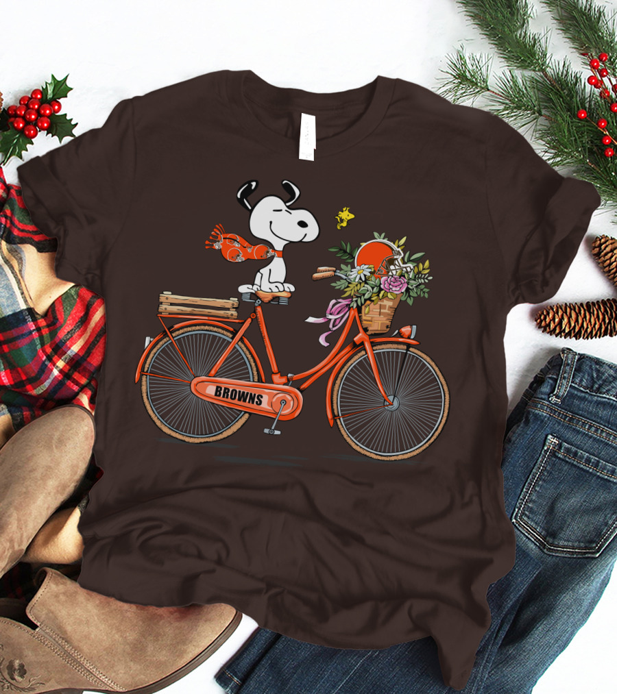 Cleveland Browns Snoopy Woodstock Flower Bicycle T-Shirt