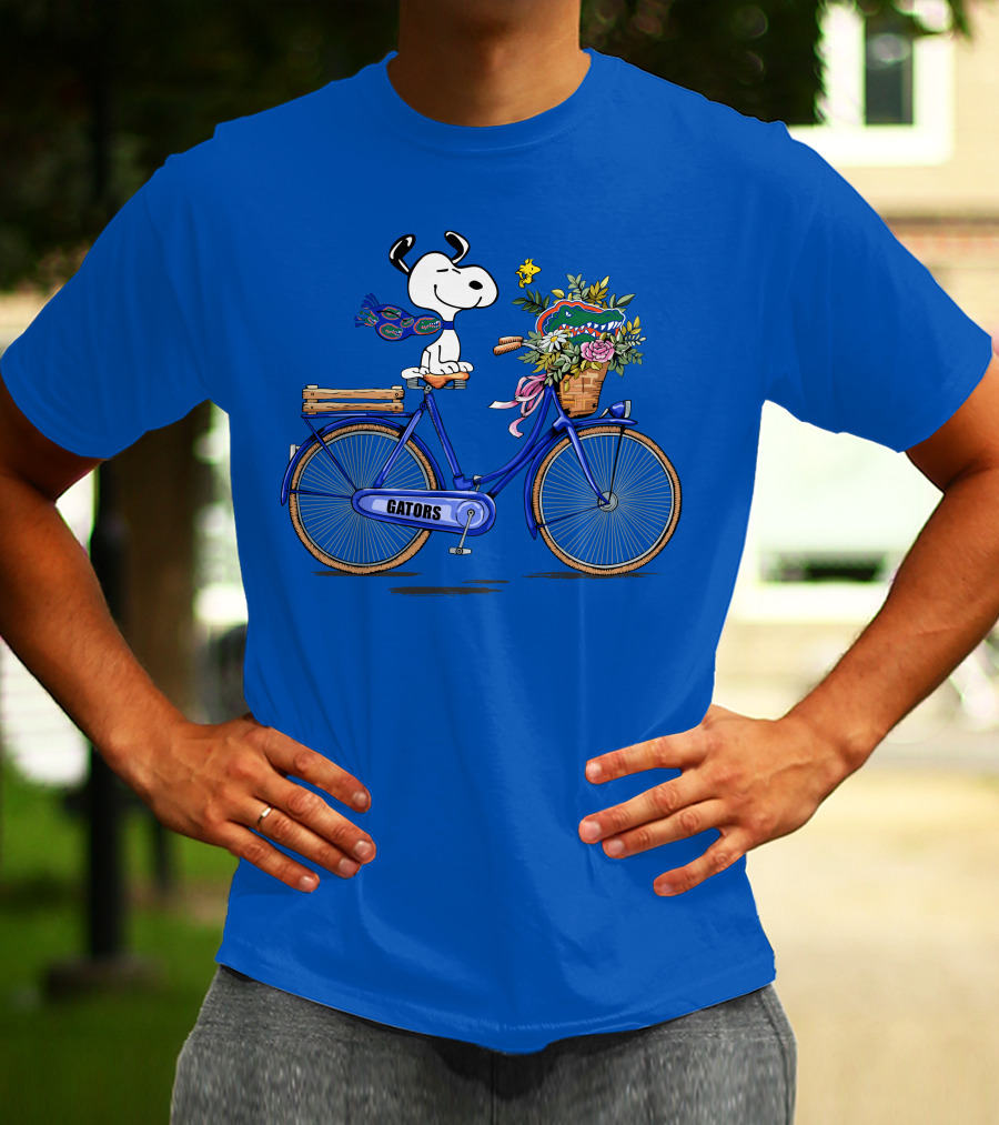 Snoopy Riding Gators Bike With Florida Gators Logo And Basket Of Flowers T-Shirt