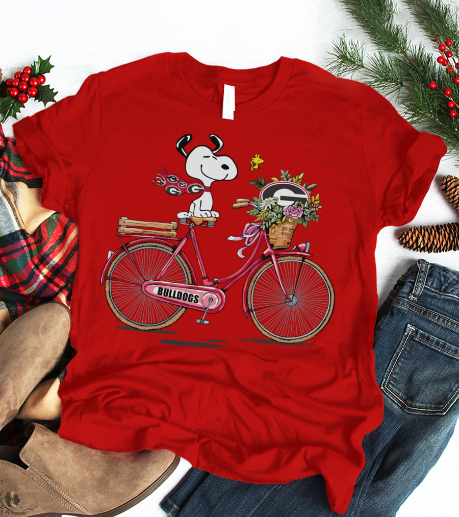 Georgia Bulldogs Snoopy Riding Bike With Flowers T-Shirt