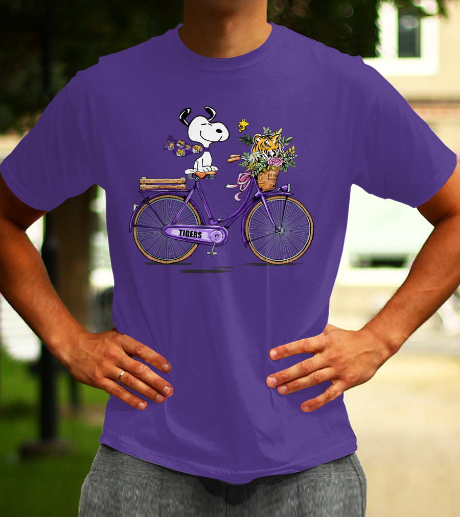 Snoopy Riding Purple Bicycle With LSU Tigers Bouquet T-Shirt
