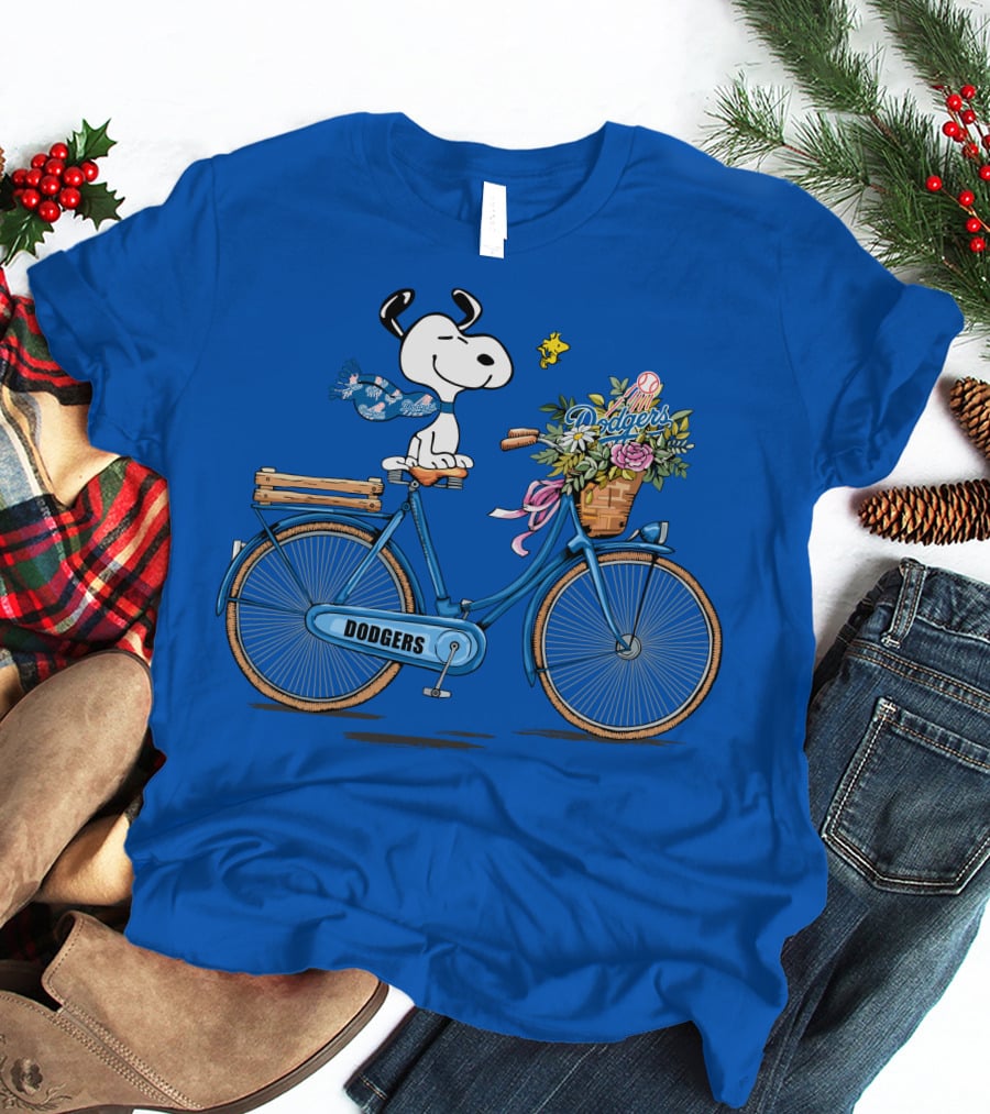 Los Angeles Dodgers Snoopy Riding Bicycle With Woodstock And Flowers T-Shirt