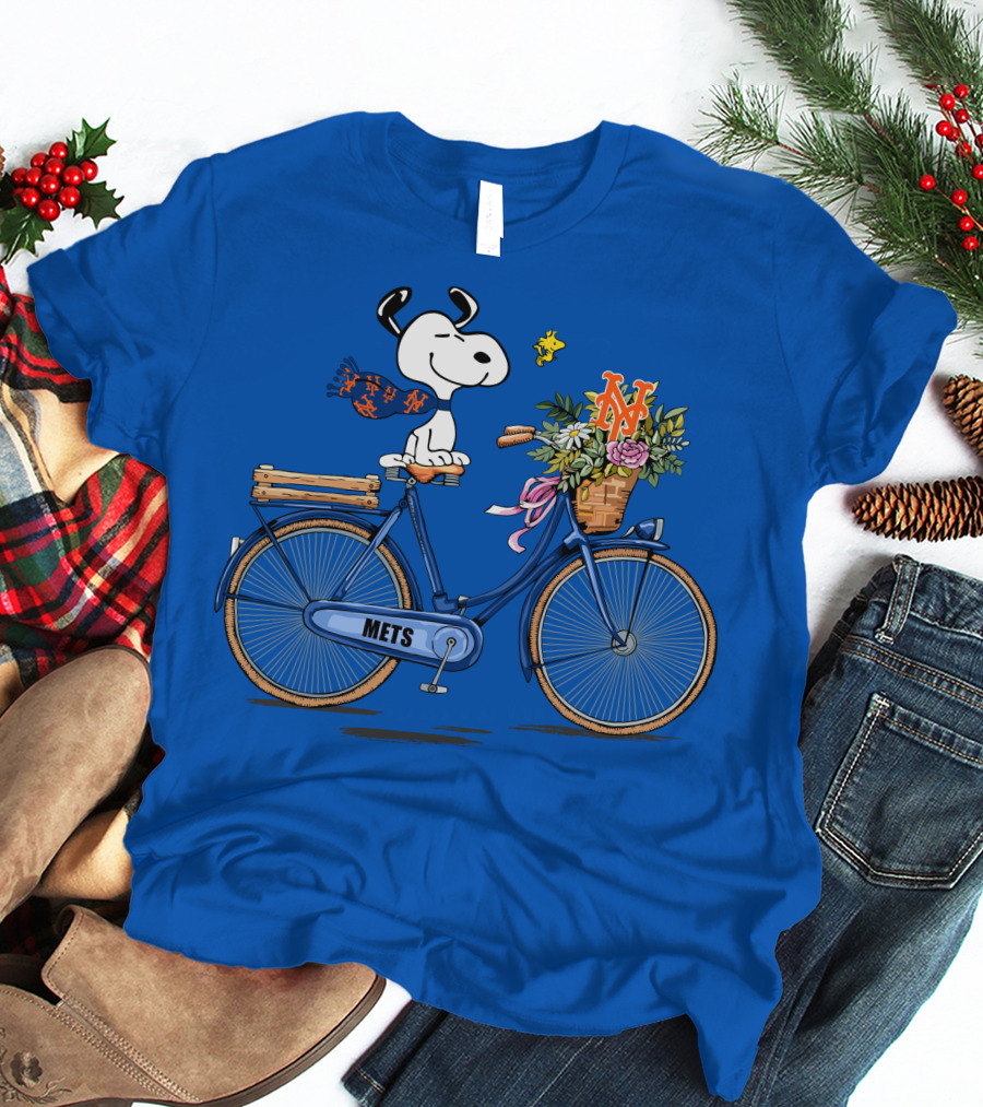 New York Mets Snoopy Bicycle Adventure With Baseball And Woodstock T-Shirt