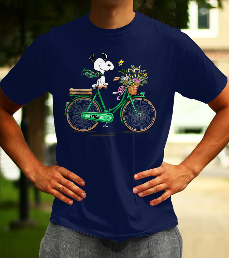 Notre Dame Fighting Irish Snoopy On Bicycle With Flowers And Woodstock T-Shirt