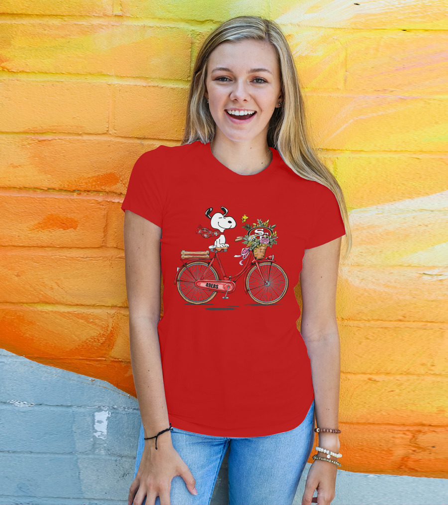 San Francisco 49ers Snoopy Riding Bike With Flowers T-Shirt