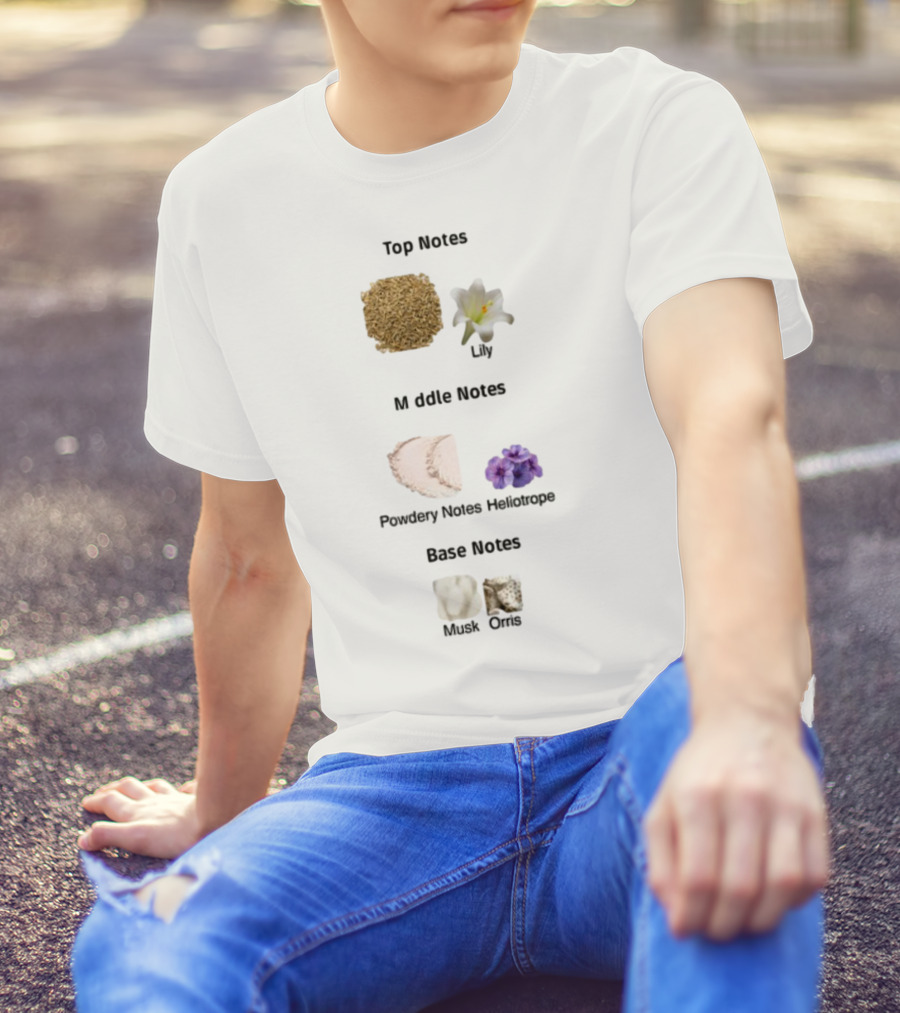 Top Notes Cumin Lily Middle Notes Powdery Heliotrope Base Notes Musk Orris T-Shirt