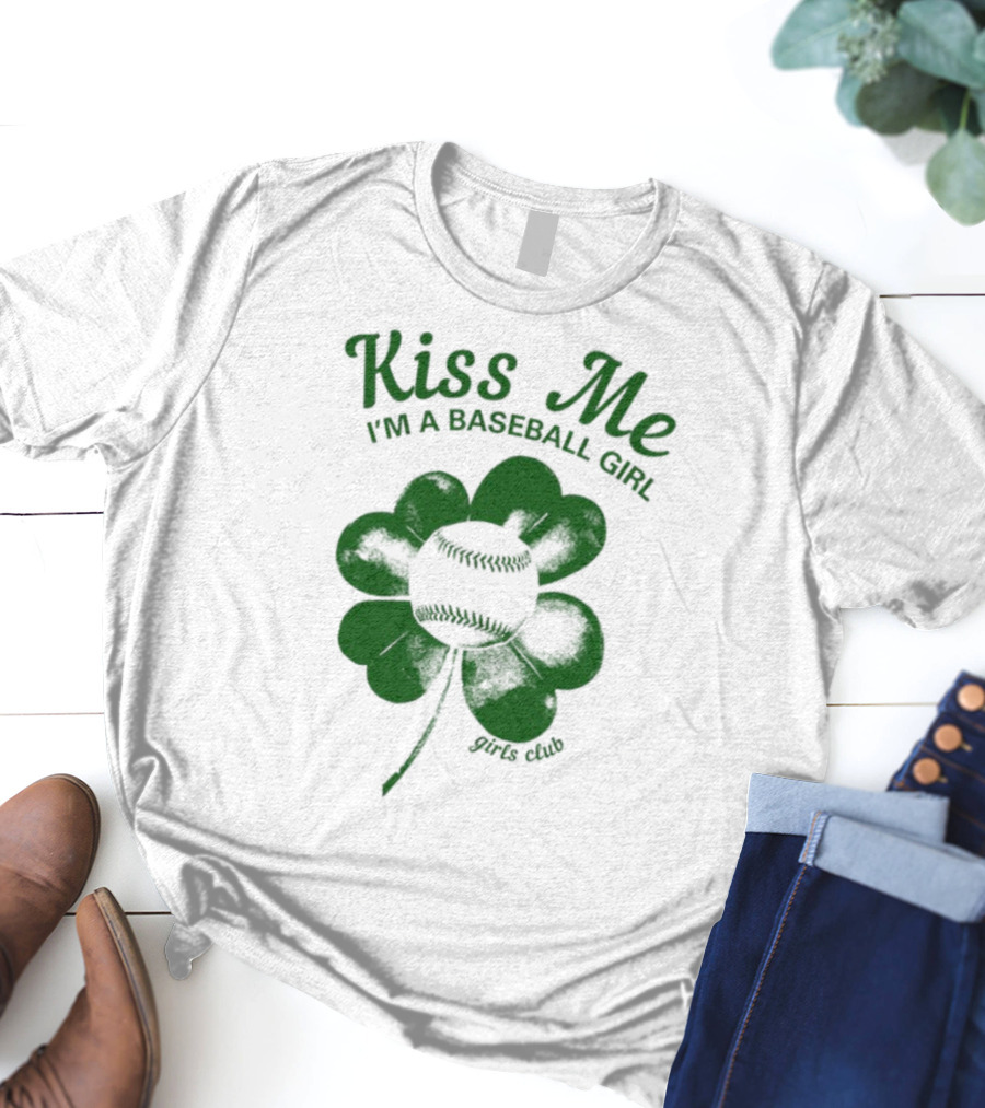 Kiss Me I'm A Baseball Girl Four Leaf Clover Stitch Lines T-Shirt