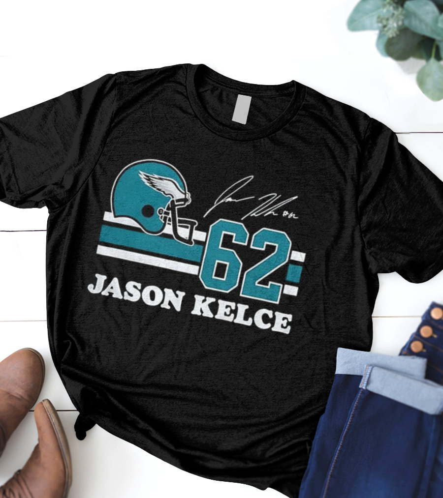 Jason Kelce Philadelphia Eagles NFL Helmet Number 62 Signature T-Shirt