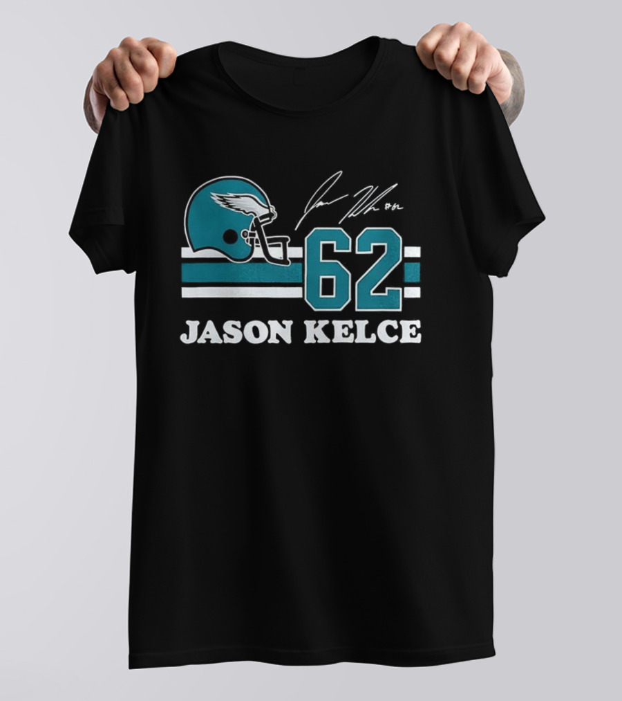 Jason Kelce Philadelphia Eagles NFL Helmet Number 62 Signature T-Shirt