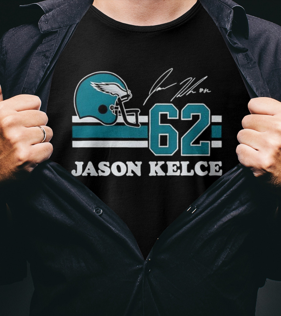 Jason Kelce Philadelphia Eagles NFL Helmet Number 62 Signature T-Shirt