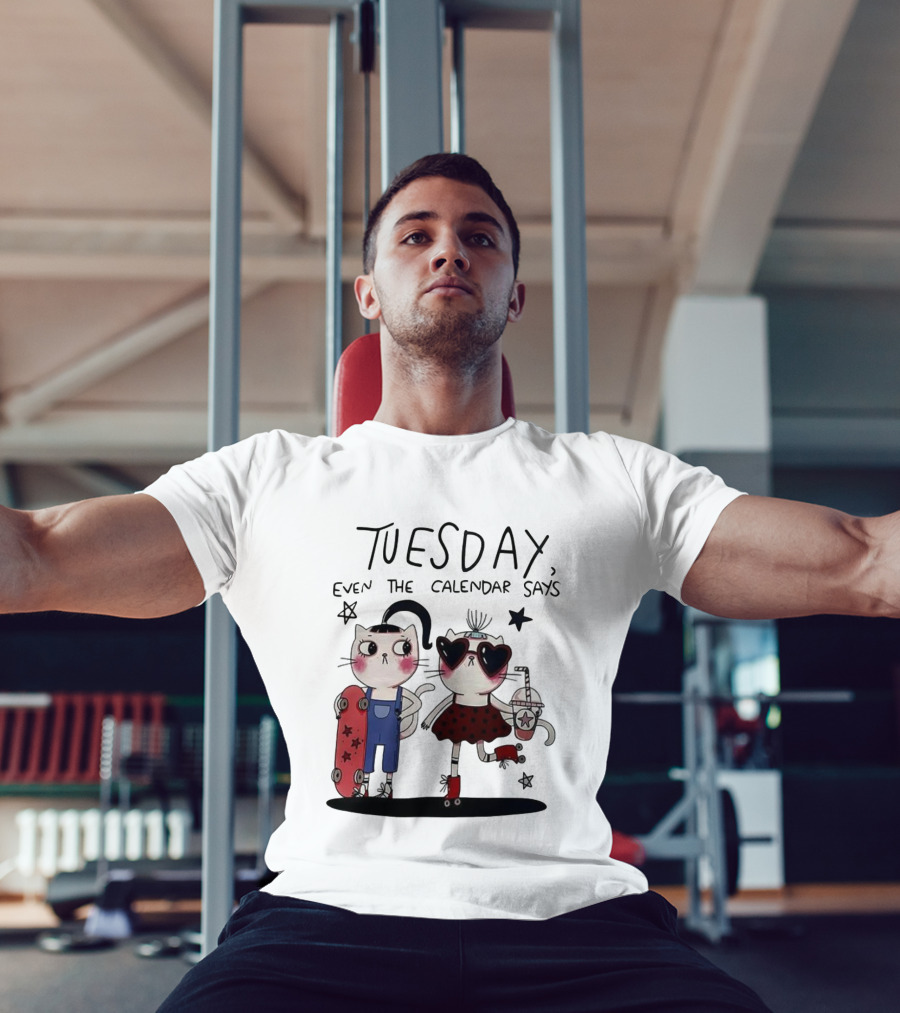 Tuesday Even The Calendar Says Cute Cat Cartoon Skaters And Stars T-Shirt