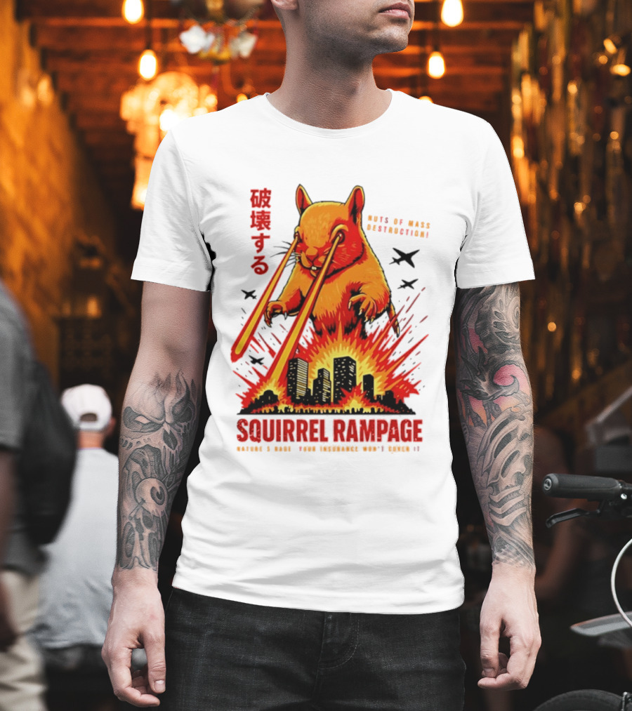 Squirrel Rampage Laser Eyes Skyline Destruction Nuts Of Mass Destruction T-Shirt