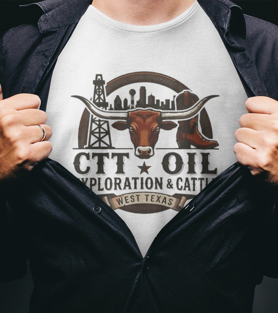 CTT Oil Exploration And Cattle Longhorn West Texas Oilfield Skyline Cowboys T-Shirt
