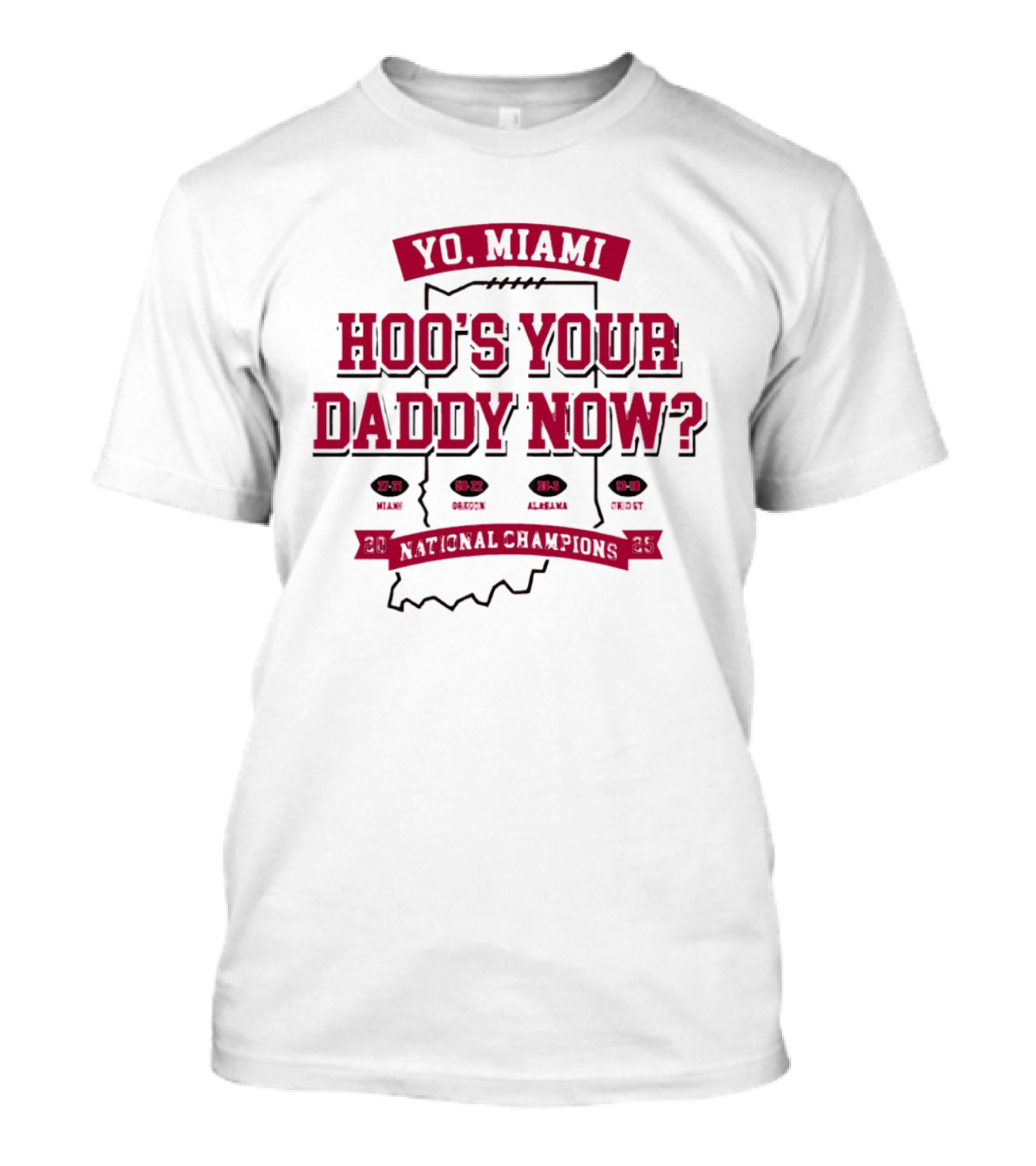 Yo Miami Hoo's Your Daddy Now National Champion 27 21 Texas 54 52 Miami 38 31 Alabama 45 9 Oregon T-Shirt