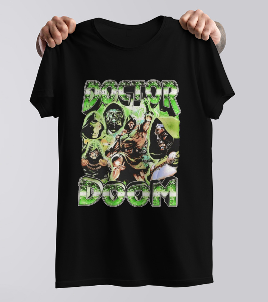 Doctor Doom 90s Bootleg Rap Vintage Style Green Comic Collage T-Shirt