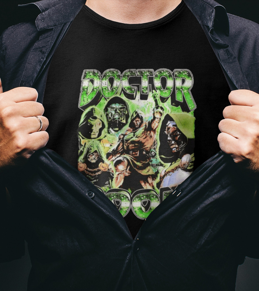 Doctor Doom 90s Bootleg Rap Vintage Style Green Comic Collage T-Shirt
