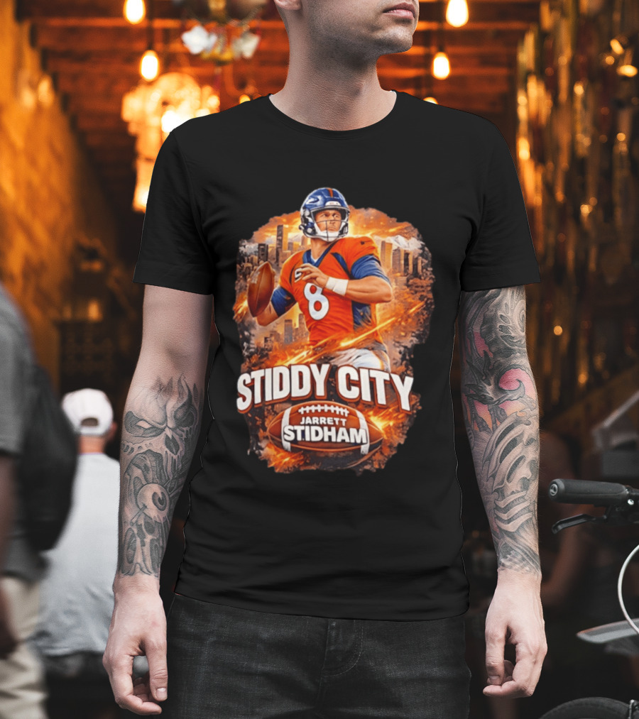 Stiddy City Jarrett Stidham Denver Broncos Quarterback 8 Urban Skyline Football T-Shirt
