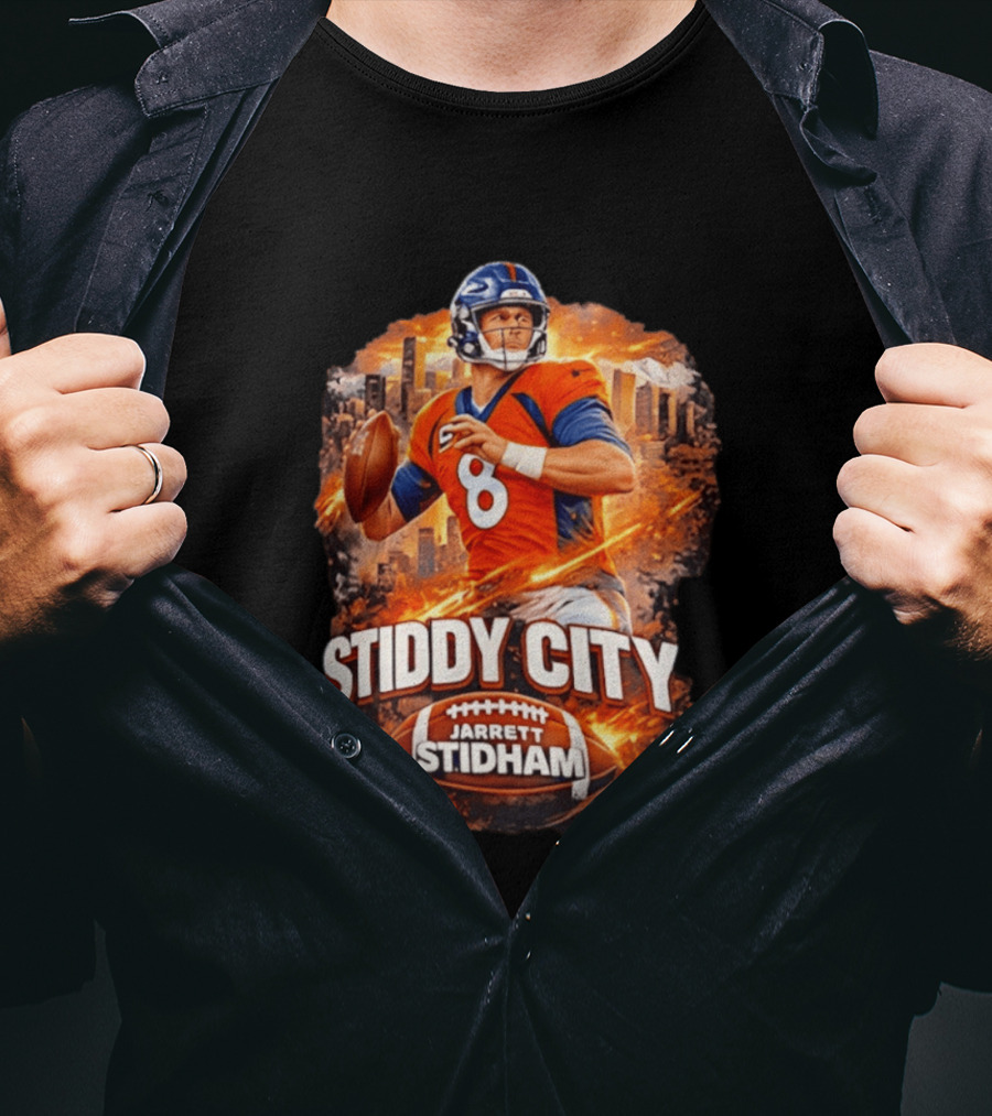 Stiddy City Jarrett Stidham Denver Broncos Quarterback 8 Urban Skyline Football T-Shirt