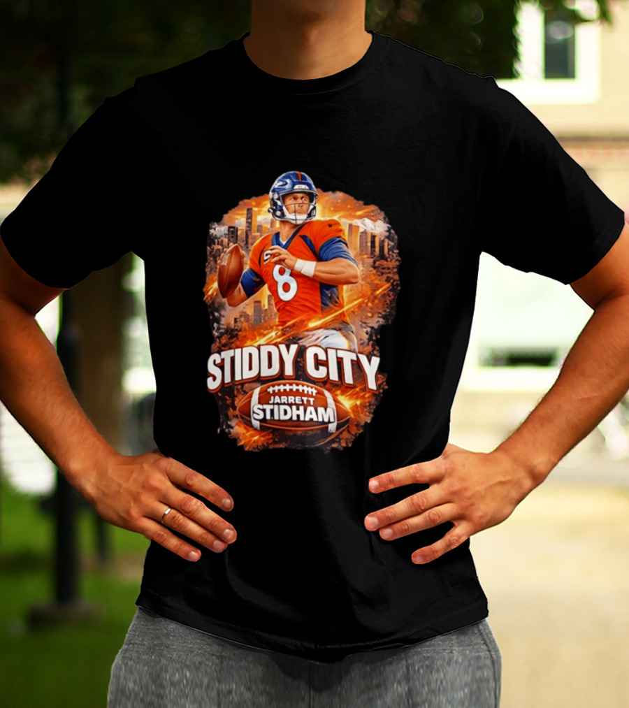 Stiddy City Jarrett Stidham Denver Broncos Quarterback 8 Urban Skyline Football T-Shirt