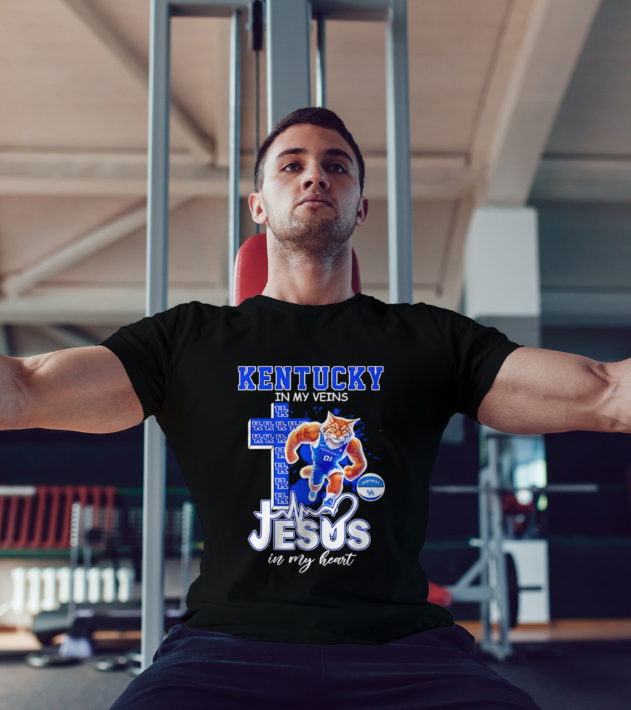 Kentucky Wildcats In My Veins Jesus In My Heart Wildcat Cross T-Shirt