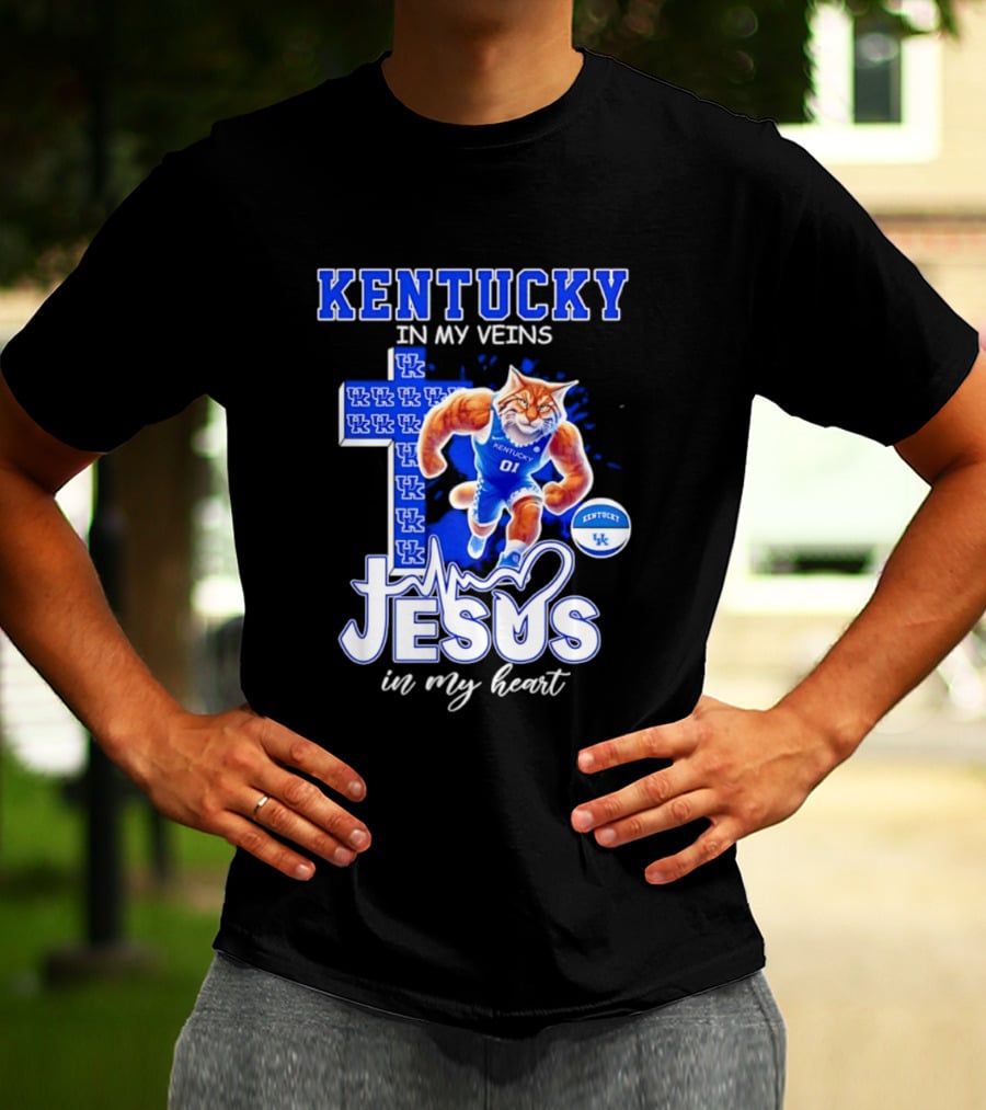 Kentucky Wildcats In My Veins Jesus In My Heart Wildcat Cross T-Shirt