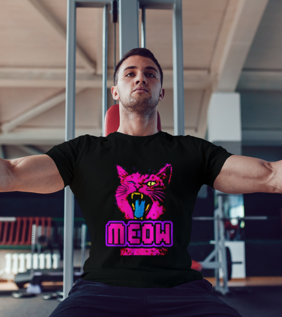 Neon Pink Angry Cat MEOW Cyberpunk Aesthetic Retro Futuristic T-Shirt