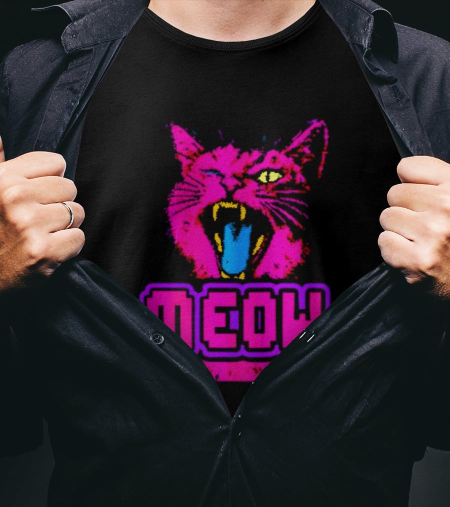 Neon Pink Angry Cat MEOW Cyberpunk Aesthetic Retro Futuristic T-Shirt