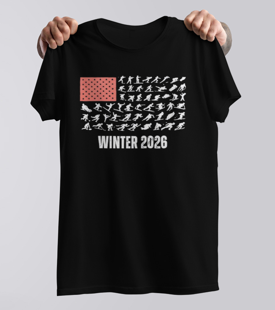 Patriotic USA Winter Sports 2026 Flag Skier Snowboarder T-Shirt