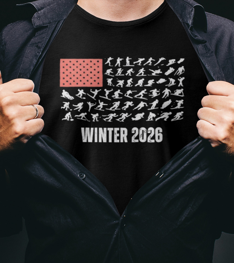 Patriotic USA Winter Sports 2026 Flag Skier Snowboarder T-Shirt