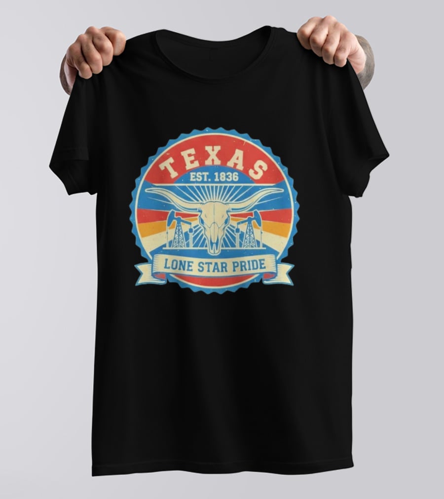 Texas EST 1836 Lone Star Pride Oil Derrick Longhorn T-Shirt