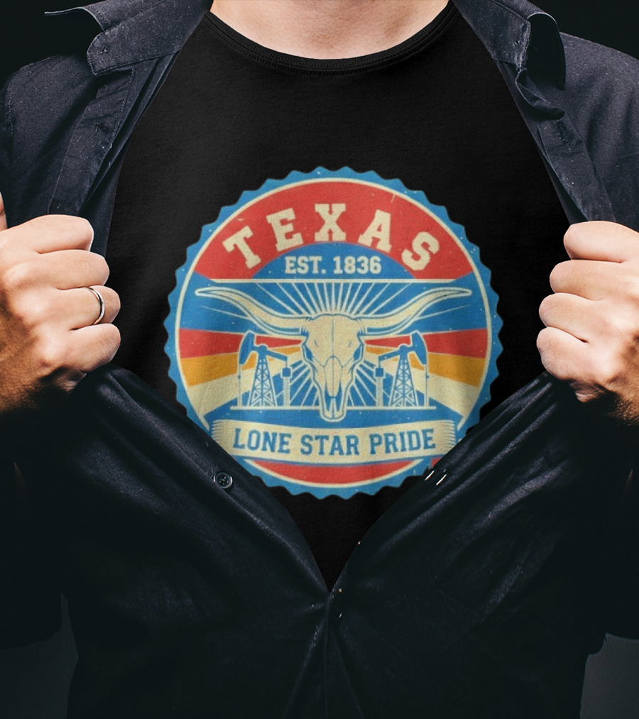 Texas EST 1836 Lone Star Pride Oil Derrick Longhorn T-Shirt