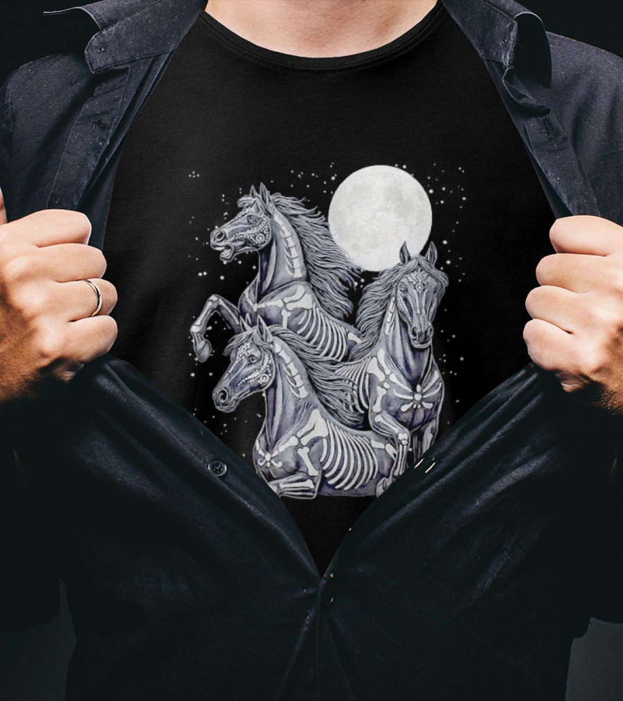 Three Horse Moon Día De Los Muertos Skeleton Horse T-Shirt