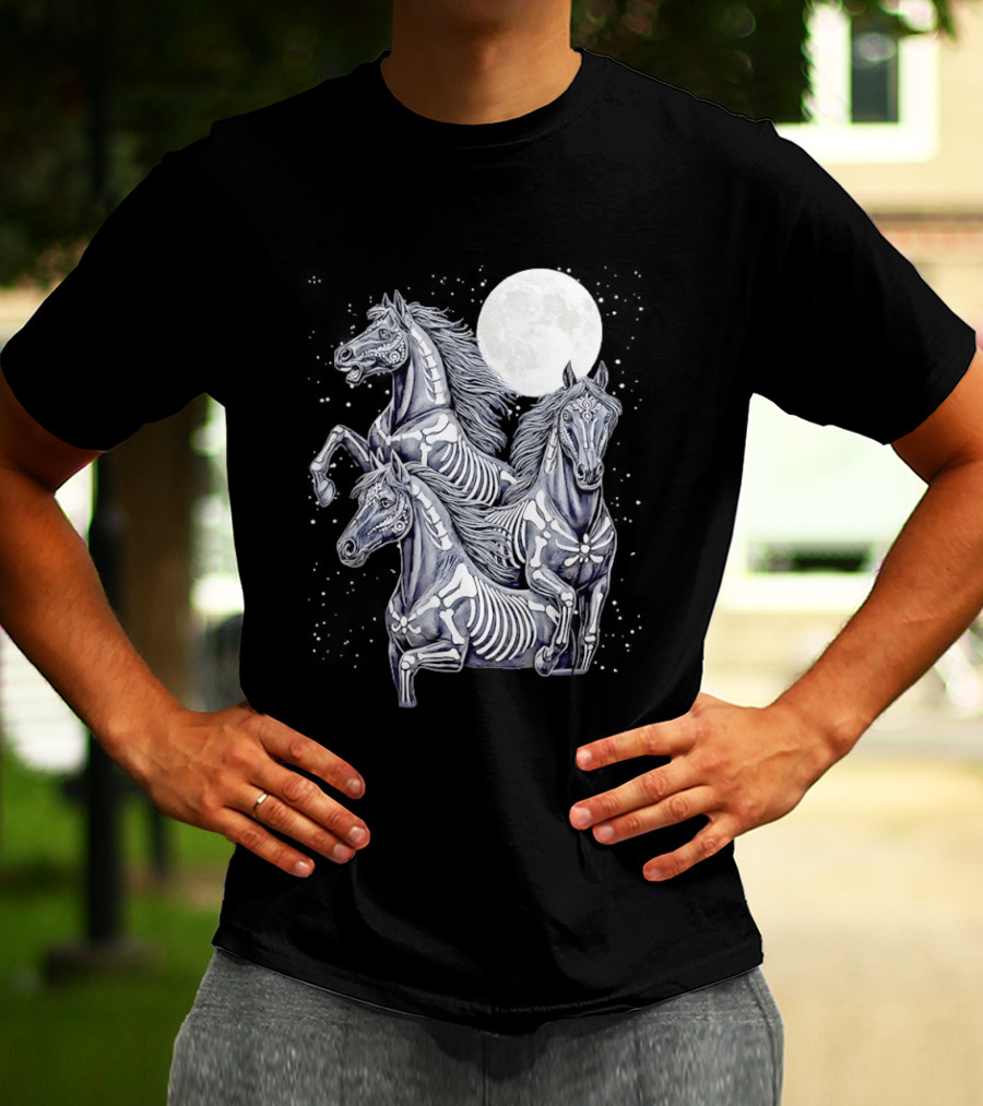 Three Horse Moon Día De Los Muertos Skeleton Horse T-Shirt