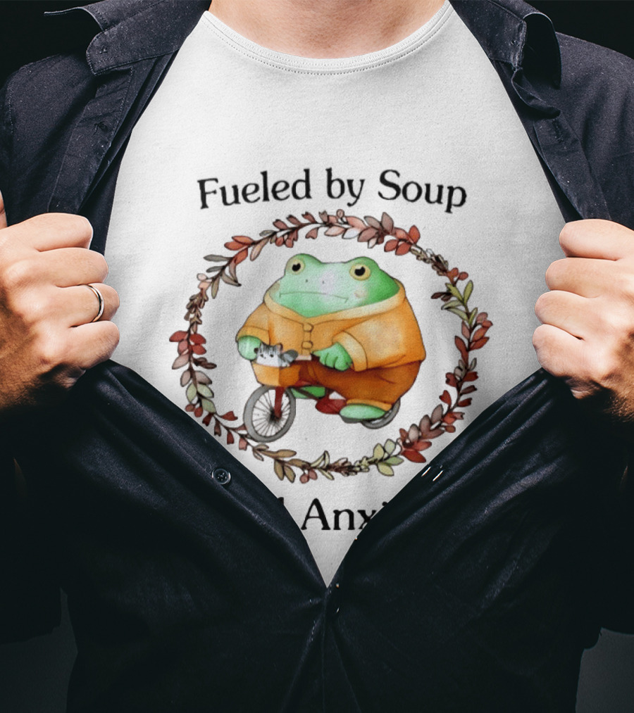 Fueled By Soup Frog Riding Scooter With Cat Surrounded By Autumn Leaves And Anxiety T-Shirt