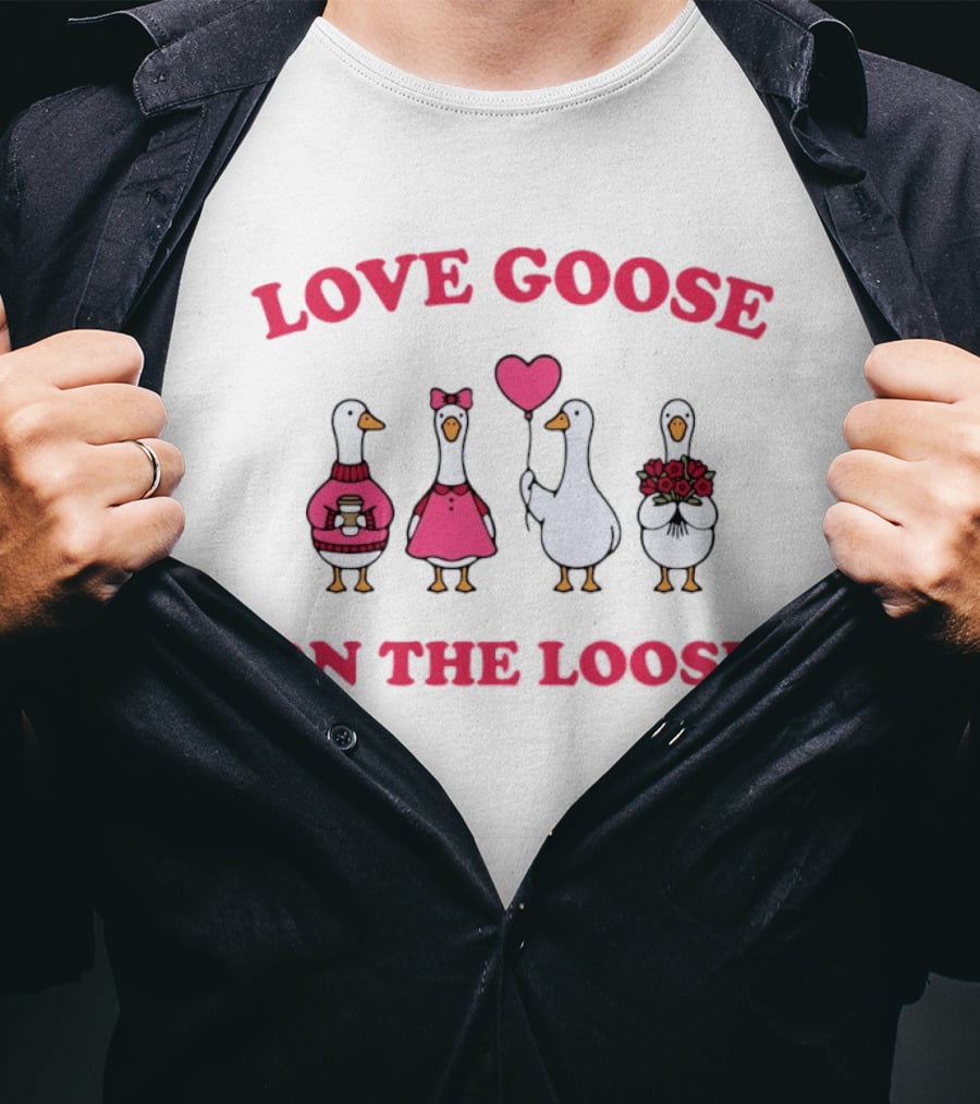 Love Goose On The Loose Valentine Geese With Hearts And Flowers T-Shirt