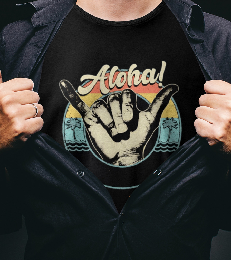 Aloha Shaka Hand Gesture Tropical Sunset With Palm Trees T-Shirt