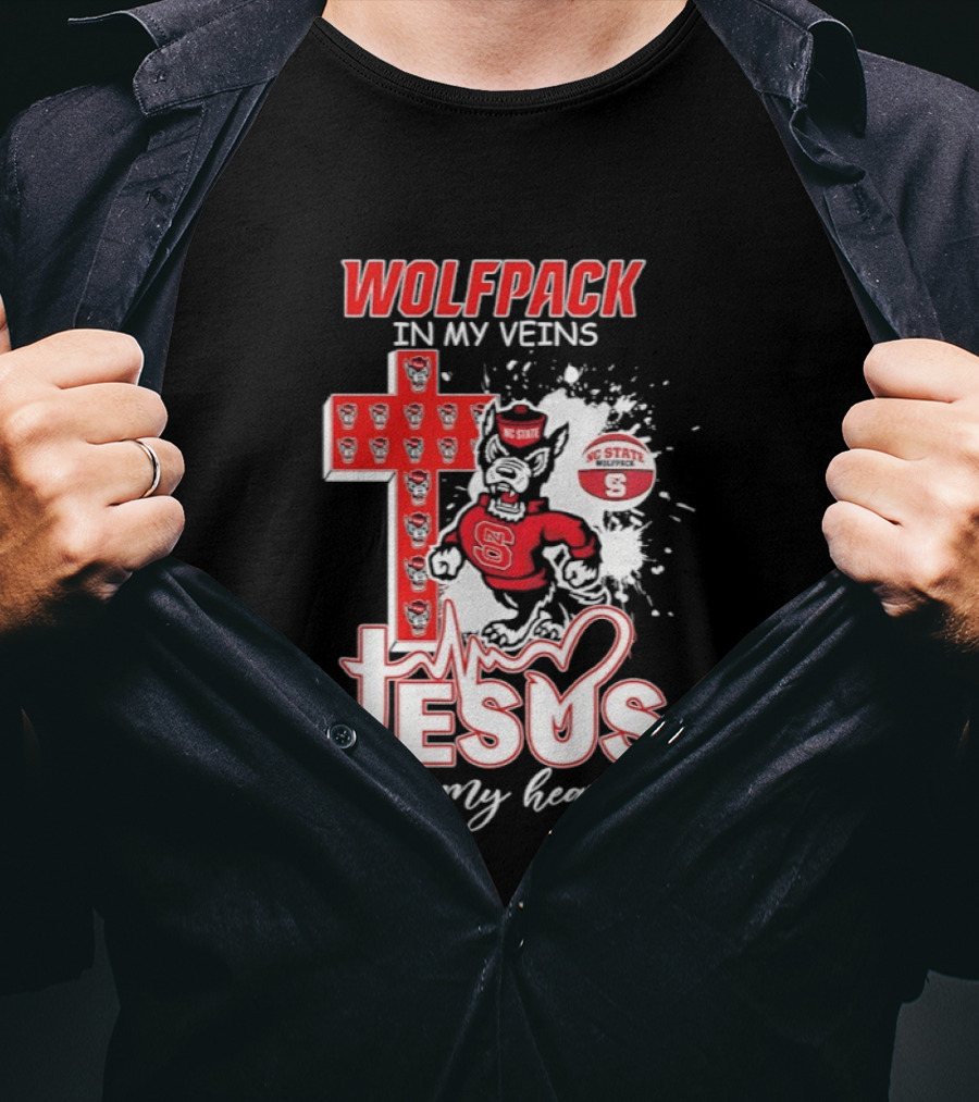 NC State Wolfpack In My Veins Jesus In My Heart Faithful Cross T-Shirt