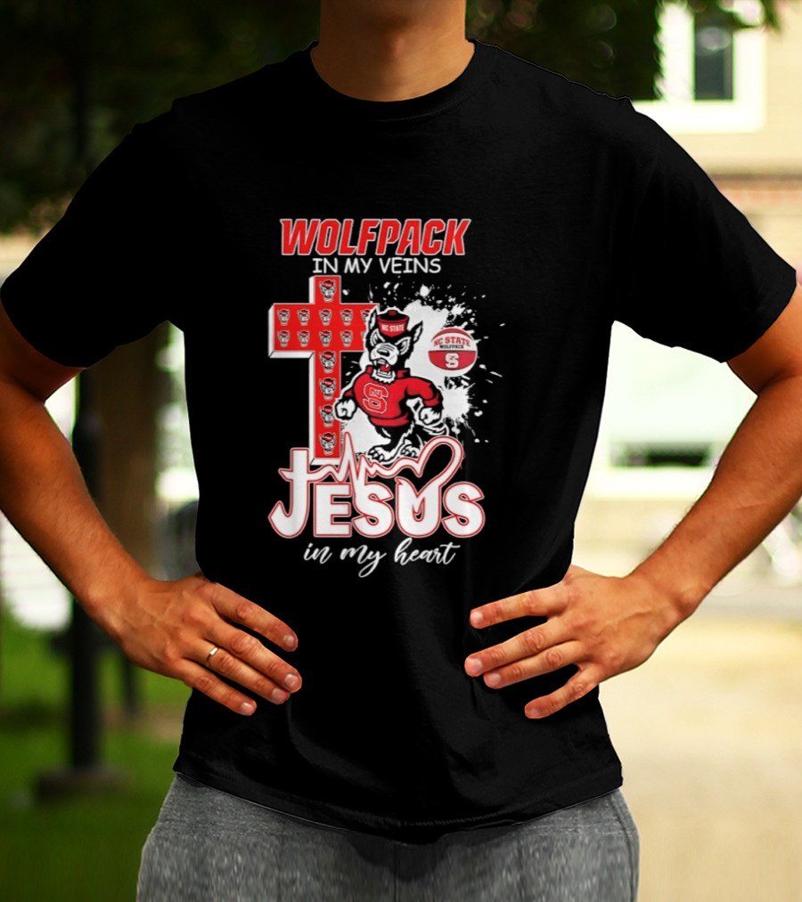 NC State Wolfpack In My Veins Jesus In My Heart Faithful Cross T-Shirt
