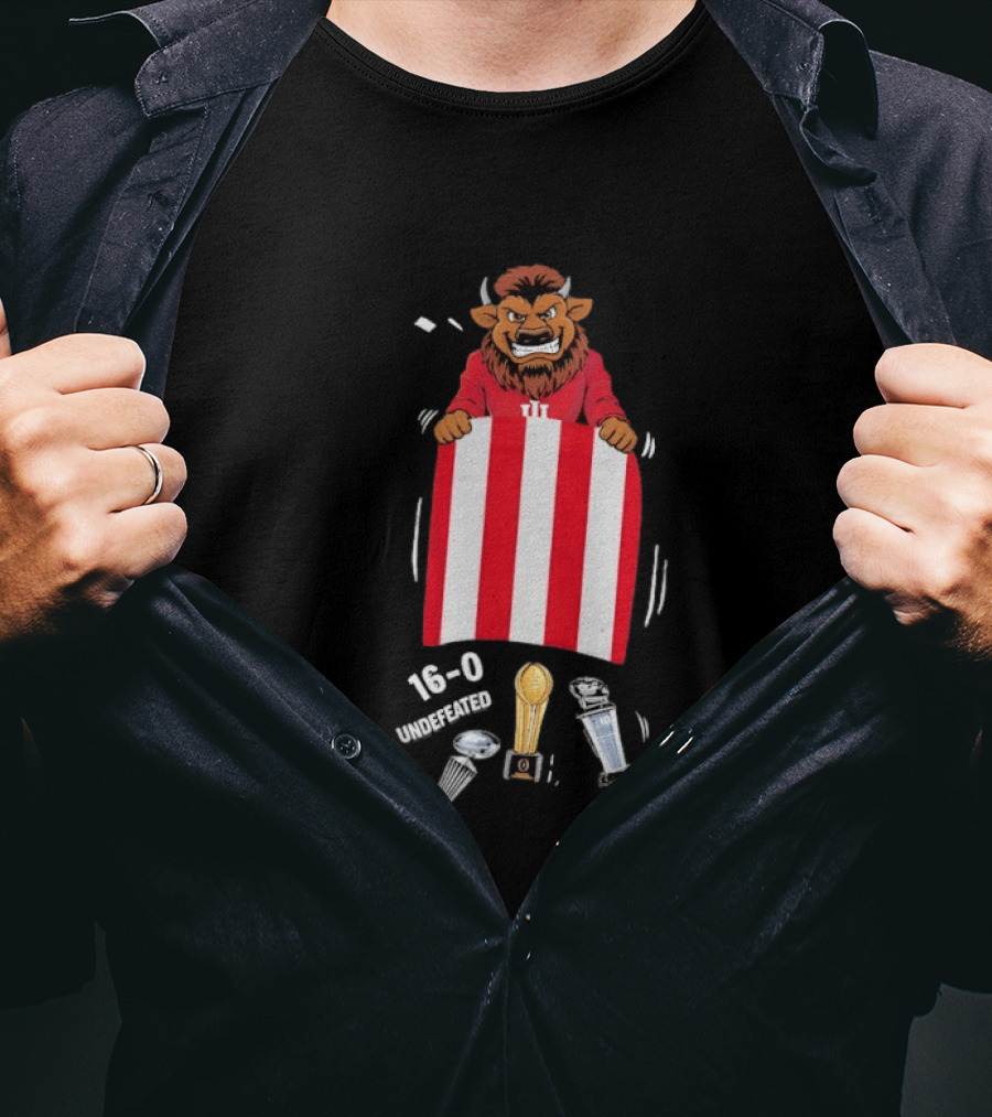 Indiana Hoosiers 16 0 Undefeated Mascot Holding Red White Flag And Trophies T-Shirt