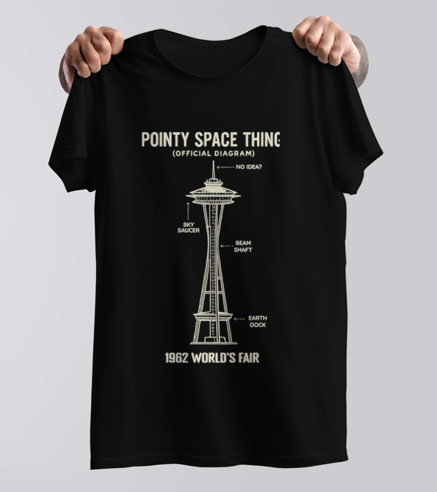 Pointy Space Thing Official Diagram 1962 World's Fair Sky Saucer Beam Shaft Earth Dock T-Shirt
