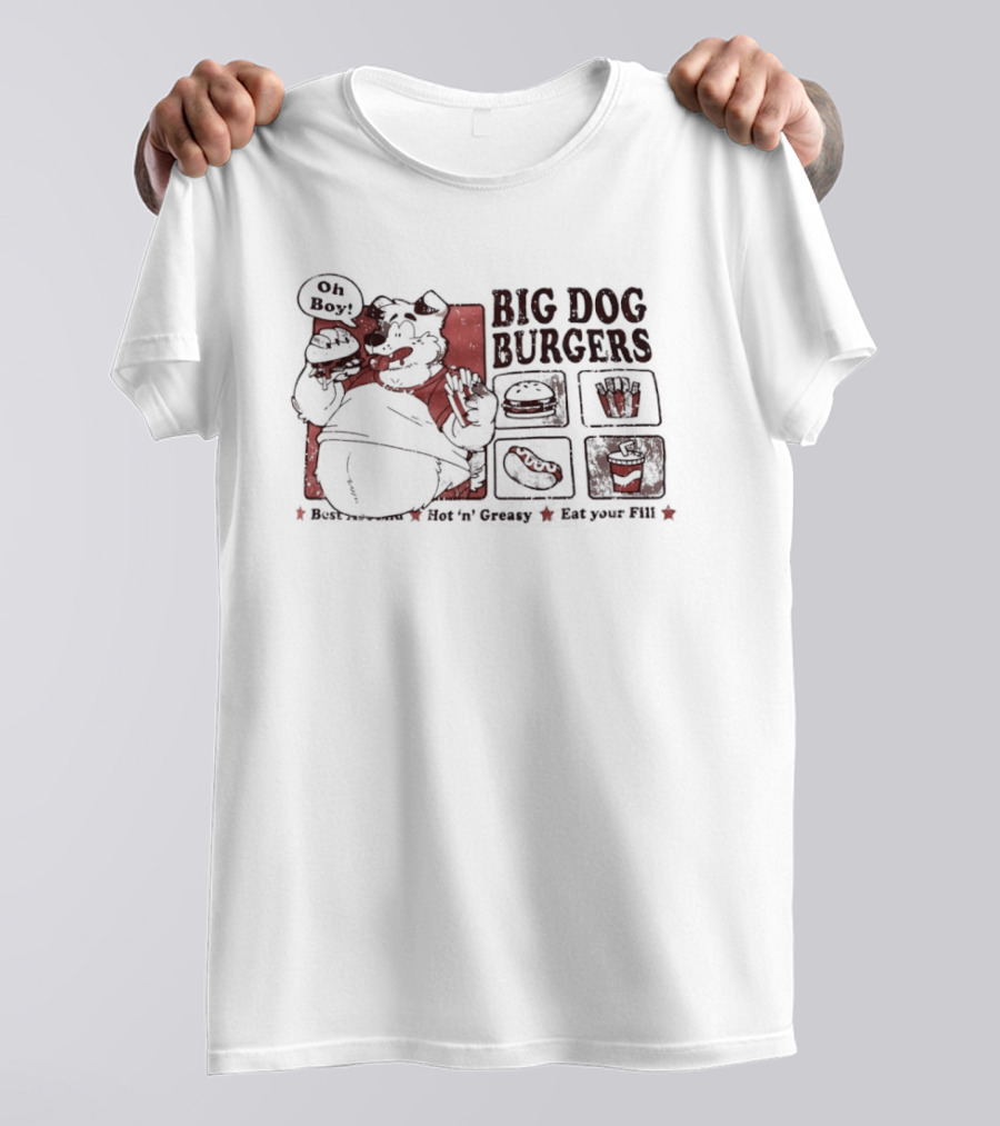 Big Dog Burgers Wolf Eating Cheese Burger Fries Funny Food Cartoon T-Shirt