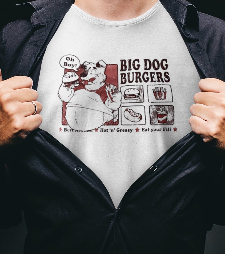 Big Dog Burgers Wolf Eating Cheese Burger Fries Funny Food Cartoon T-Shirt