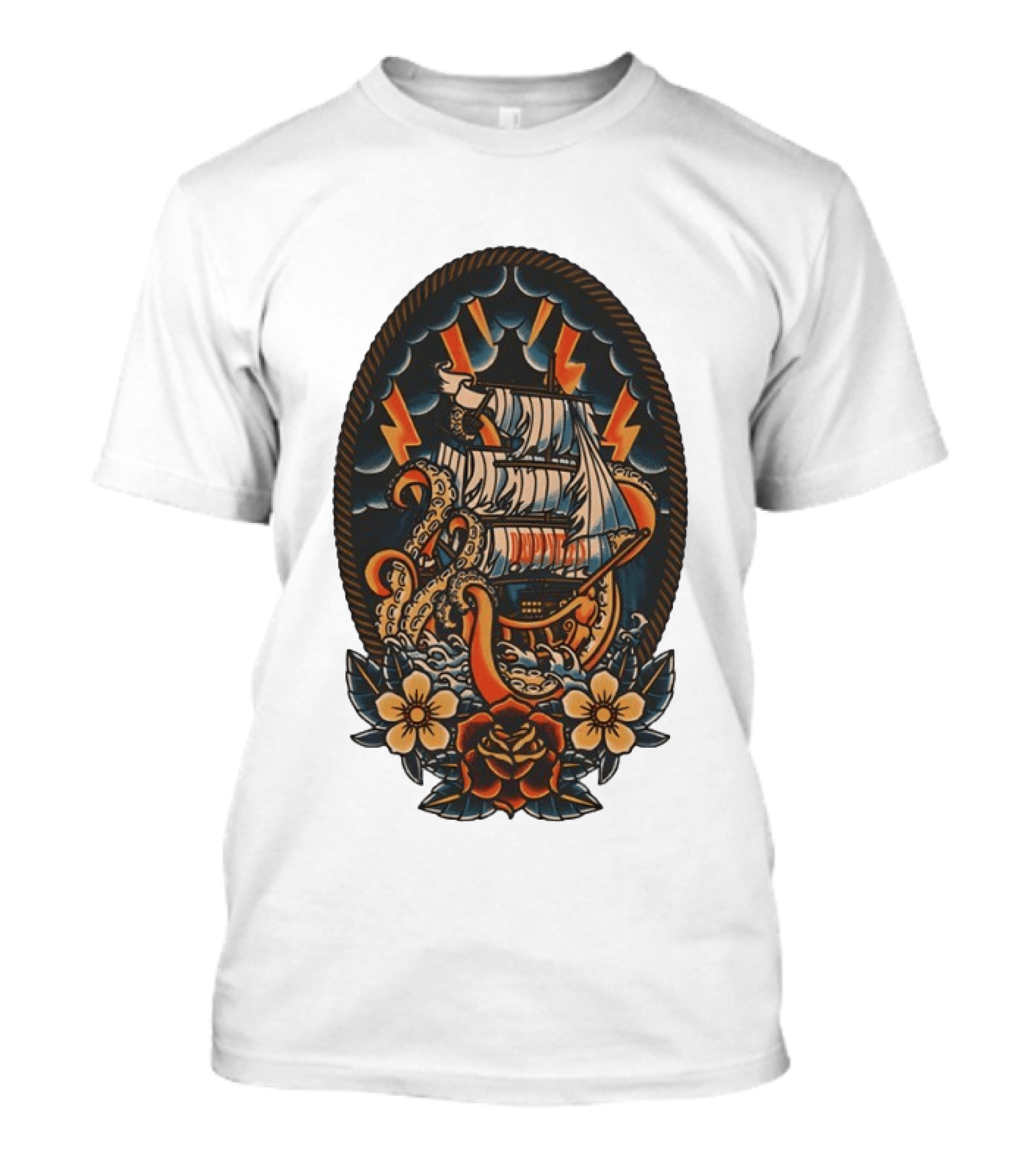 Kraken Sailboat Flower American Traditional Lightning Tattoo T-Shirt