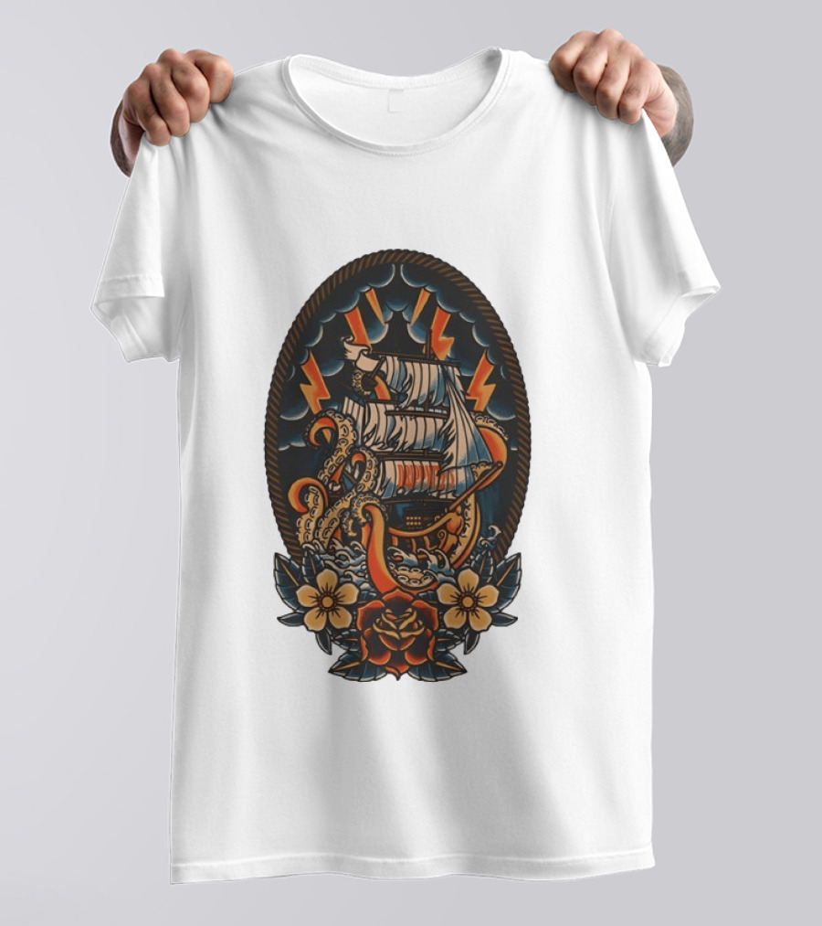 Kraken Sailboat Flower American Traditional Lightning Tattoo T-Shirt