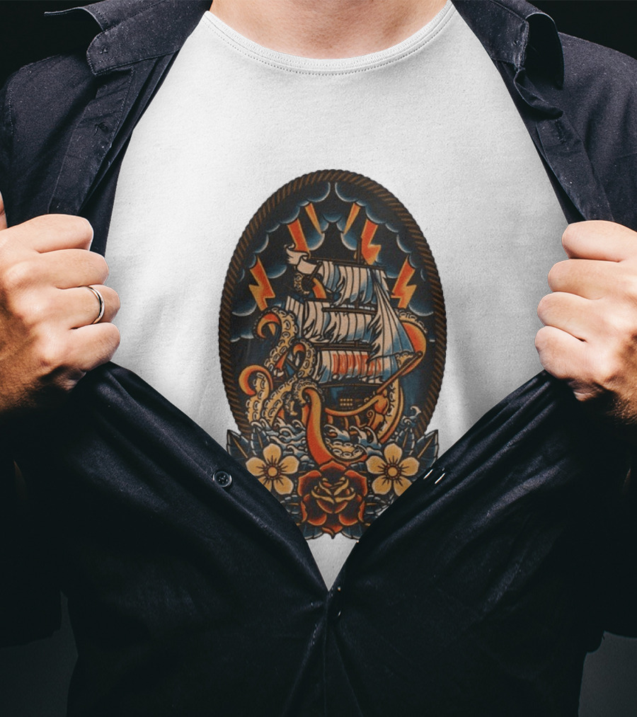 Kraken Sailboat Flower American Traditional Lightning Tattoo T-Shirt