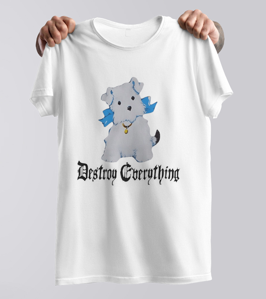 Puppy Destroy Everything Cute Dog Illustration With Blue Ribbon T-Shirt