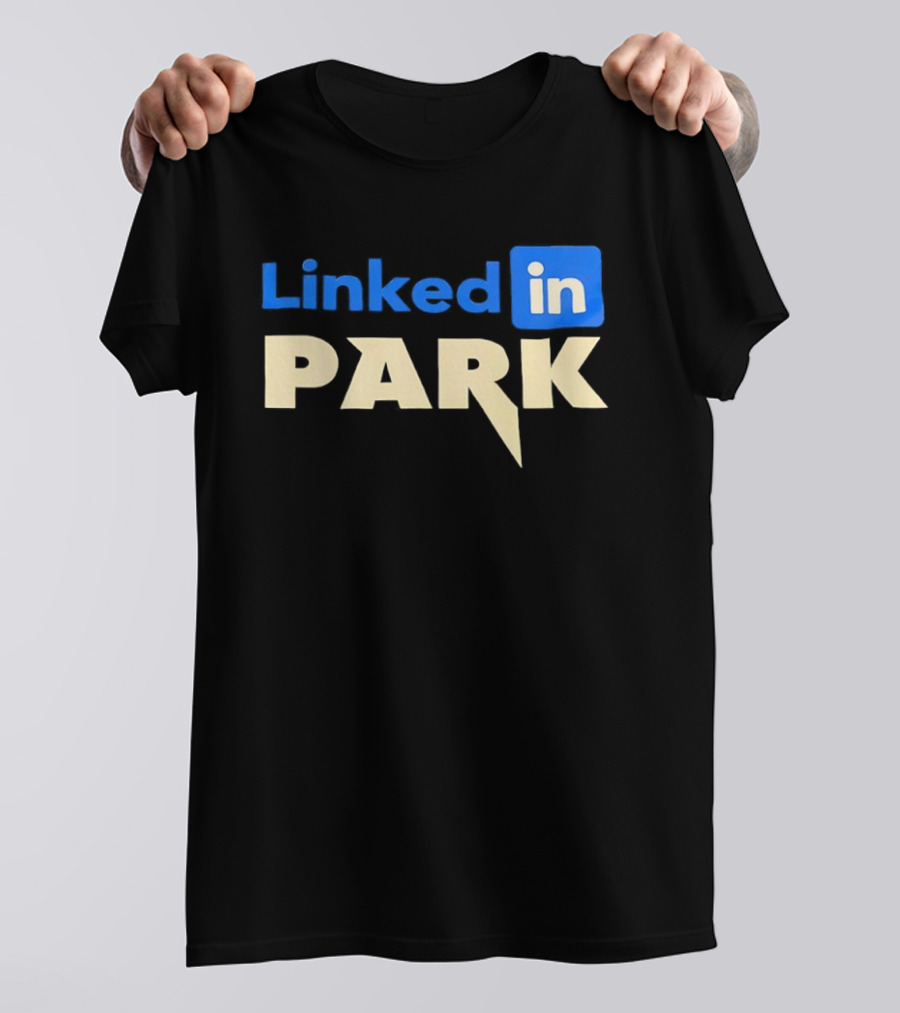 Linked In Park Blocky Font Text In Blue And Beige T-Shirt