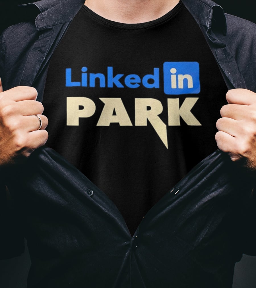 Linked In Park Blocky Font Text In Blue And Beige T-Shirt