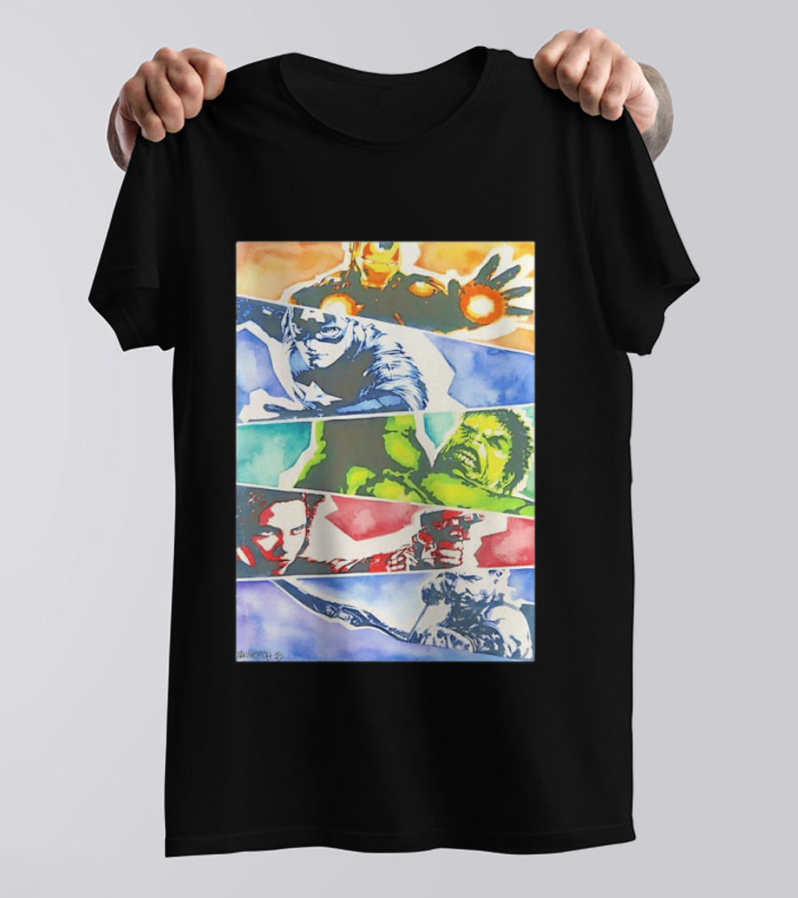 Avengers Iron Man Captain America Hulk Black Widow Thor Watercolor Comic Characters T-Shirt